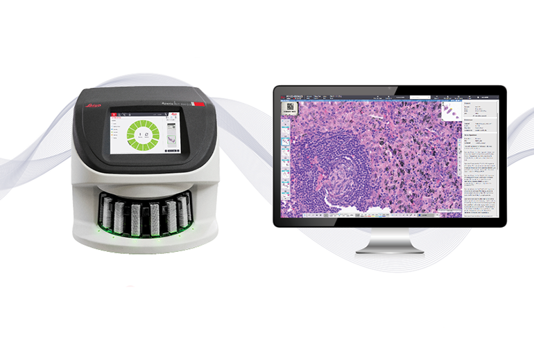 The Aperio GT 450 DX scanner (left) and the browser-based Aperio HALO AP DX image-management software, the FDA-cleared clinical digital pathology workflow Leica Biosystems and Indica Labs launched in the U.S. in March 2026. (Leica Biosystems)