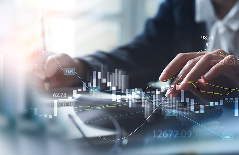 Business, Finance and Investment, data analysis concept. Business woman using calculator to calculate financial report and analyzing market data, business planning, market research