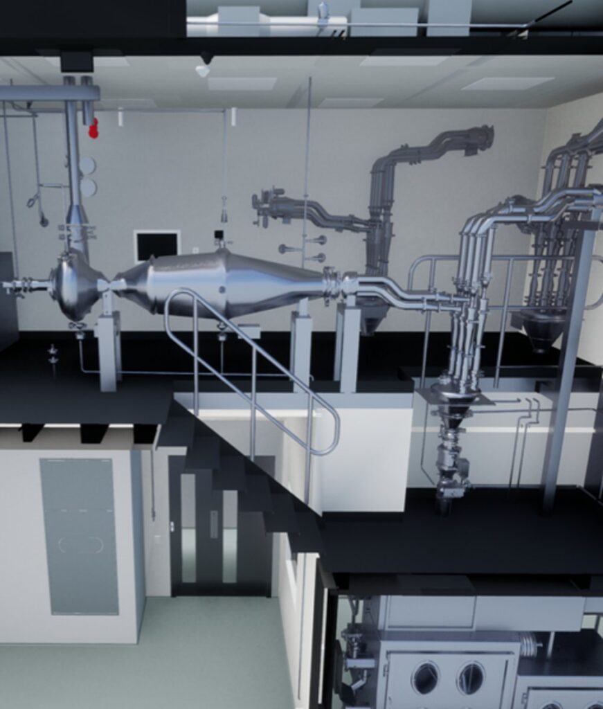 A 3D rendering of a commercial spray drying facility layout, illustrating the integrated process train including the drying chamber, cyclone separator, powder handling, and associated piping and safety infrastructure. Genesis AEC.
