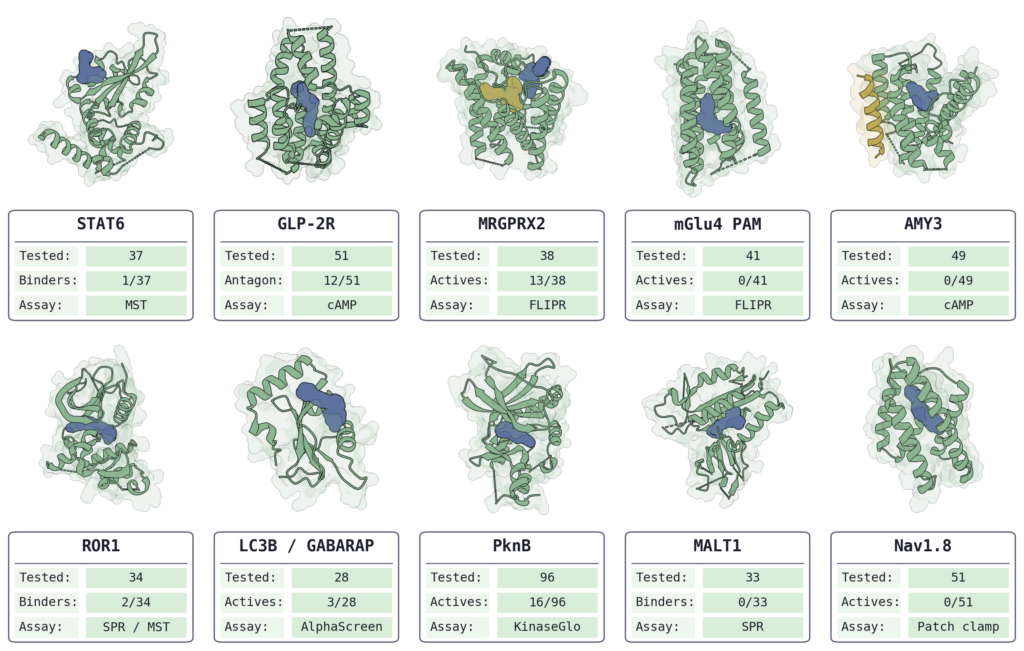 Experimental validation of BoltzMol-1 across 10 targets spanning GPCRs, kinases, ion channels and protein-protein interactions. For each target, the cards report compounds tested, confirmed hits and the assay format used. Confirmed binders or actives are highlighted at the predicted site (blue). [Source: Boltz]