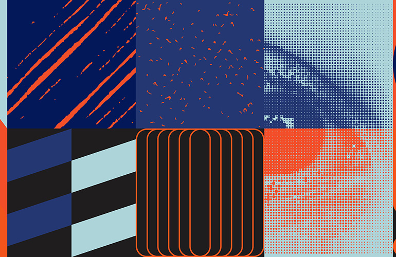 Deconstructed postmodern inspired artwork of vector abstract symbols with bold geometric shapes, useful for web background, poster art design, magazine front page, hi-tech print, cover artwork.