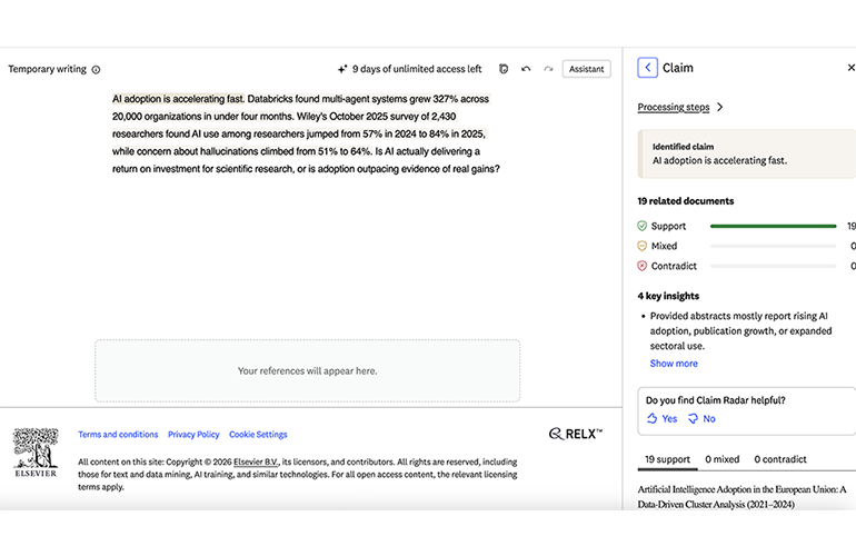 LeapSpace's Claim Radar analyzing the claim "AI adoption is accelerating fast," pulling 19 supporting references and zero contradicting ones.