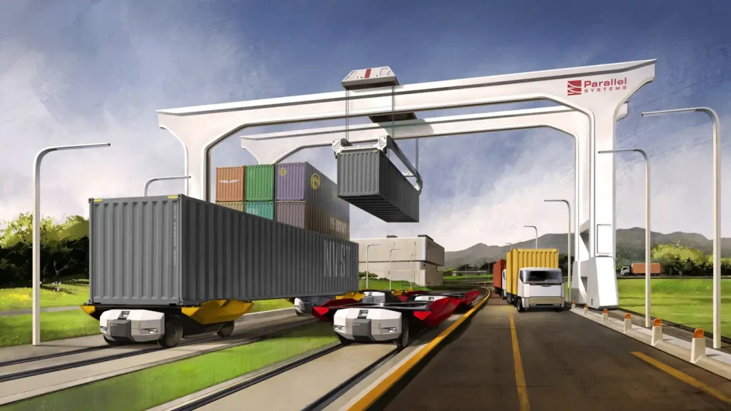 A rendering shows Parallel Systems’ freight-terminal concept, which the company says could reduce the required terminal footprint by easing container bottlenecks. Credit: Parallel Systems.