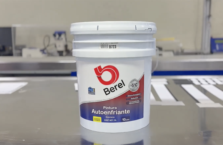 A container of Pintura Autoenfriante self-cooling paint, formulated with nanotechnology to reflect solar radiation and reduce indoor temperatures by up to 5°C. (Credit: Pinturas Berel, S.A. de C.V.)