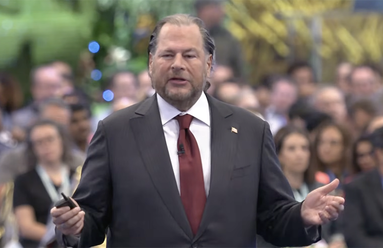Salesforce CEO Marc Benioff speaks to a packed audience during the Dreamforce keynote