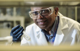 Parans Paranthaman perform direct lithium extraction from brine samples in a laboratory in Building 4100 at Oak Ridge National Laboratory.