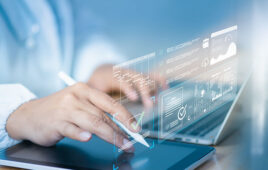 Doctor using digital tablet and laptop with AI dashboard holographic checklist overlay, analyzing KPI, workflow process, and compliance data visualization in modern healthcare digital environment.