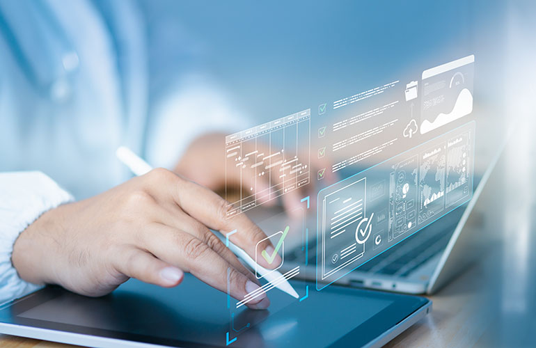 Doctor using digital tablet and laptop with AI dashboard holographic checklist overlay, analyzing KPI, workflow process, and compliance data visualization in modern healthcare digital environment.
