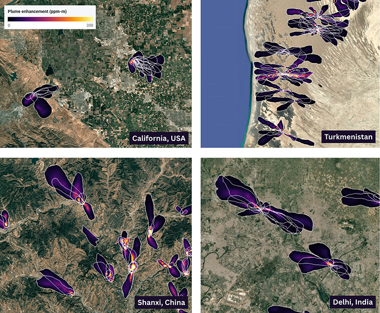 MAPL-EMIT methane detections over four emission hotspots: California, Turkmenistan, Shanxi province in China, and Delhi, India. Each white outline is a plume detected on a separate EMIT overpass. Colors show methane enhancement in the atmospheric column, from 0 to 300 ppm-m, not emission rate. Image: Google Research