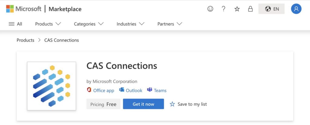 Microsoft Marketplace listing for CAS Connections, showing Office app, Outlook and Teams, with pricing listed as free.
