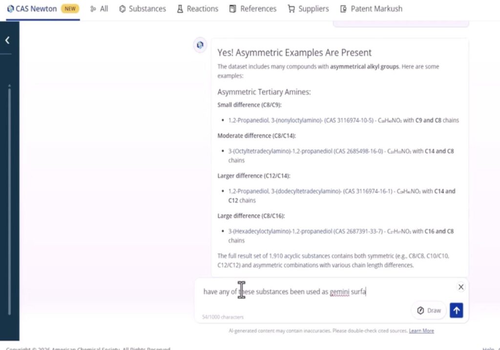 CAS Newton answer in CAS SciFinder listing asymmetric tertiary amines with their CAS Registry Numbers and chain lengths.