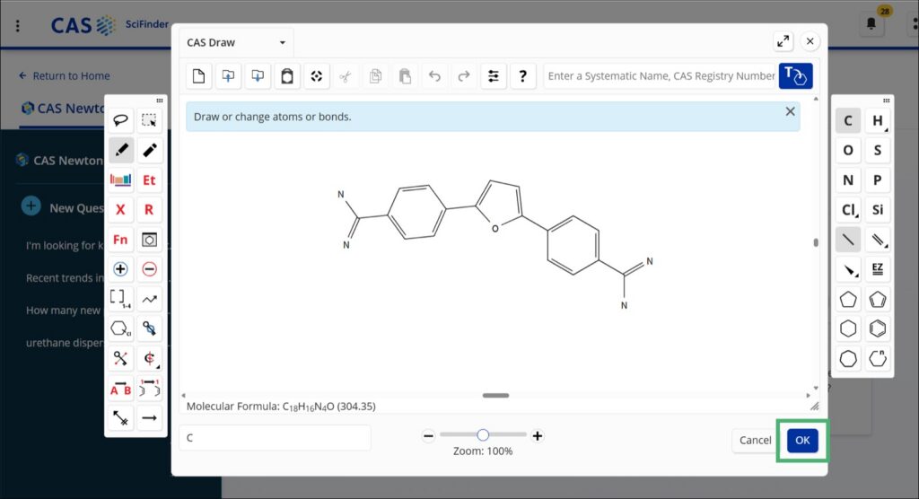 CAS Draw window in CAS SciFinder showing a drawn structure with molecular formula C18H16N4O and the OK button highlighted, ready to send to CAS Newton.