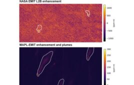 Two methane maps of the same EMIT scene: NASA's standard L2B enhancement, grainy with two small outlined plumes, above MAPL-EMIT output showing elongated plumes against a clean dark background.