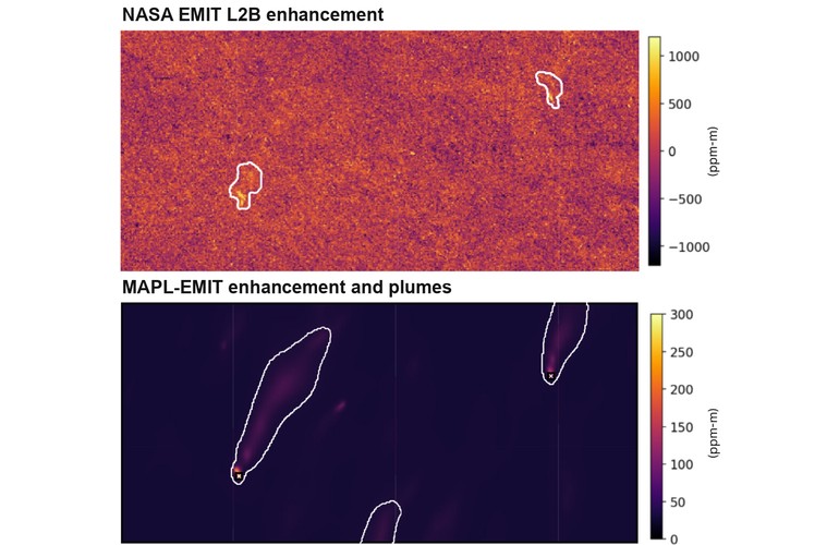 Two methane maps of the same EMIT scene: NASA’s standard L2B enhancement, grainy with two small outlined plumes, above MAPL-EMIT output showing elongated plumes against a clean dark background.