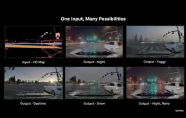 NVIDIA slide titled One Input, Many Possibilities: an HD map input and Cosmos-generated versions of the same intersection scene at night, in fog, in daytime, in snow and at night in rain.