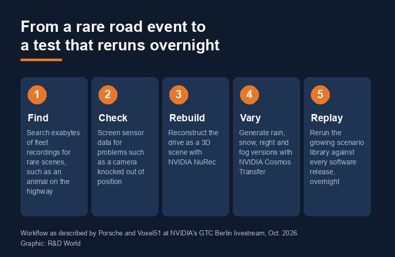 Five-step graphic: find rare scenes in fleet recordings, check sensor data, rebuild the drive in 3D with NVIDIA NuRec, vary weather and lighting with NVIDIA Cosmos Transfer, and replay the scenario library against each software release overnight.