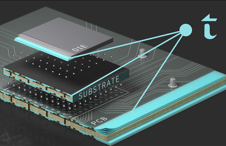 Where the signal loss happens: the insulating layers (teal) between copper wiring in the package substrate and circuit board. [Image: Thintronics]